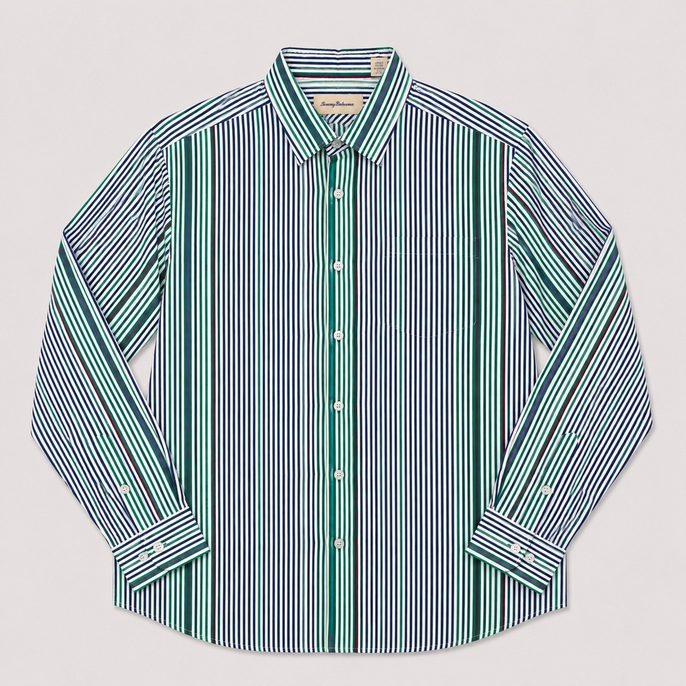 Tommy Bahama Mens XL Silk Cotton Stripe Button Up Shirt Blue Green Purple